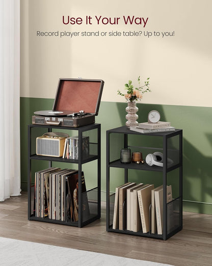 Record Player Stand, 3-Tier Side Table, Vinyl Record Storage up to 100 Albums, End Table for Living Room, Bedroom, Ebony Black ULET275B01