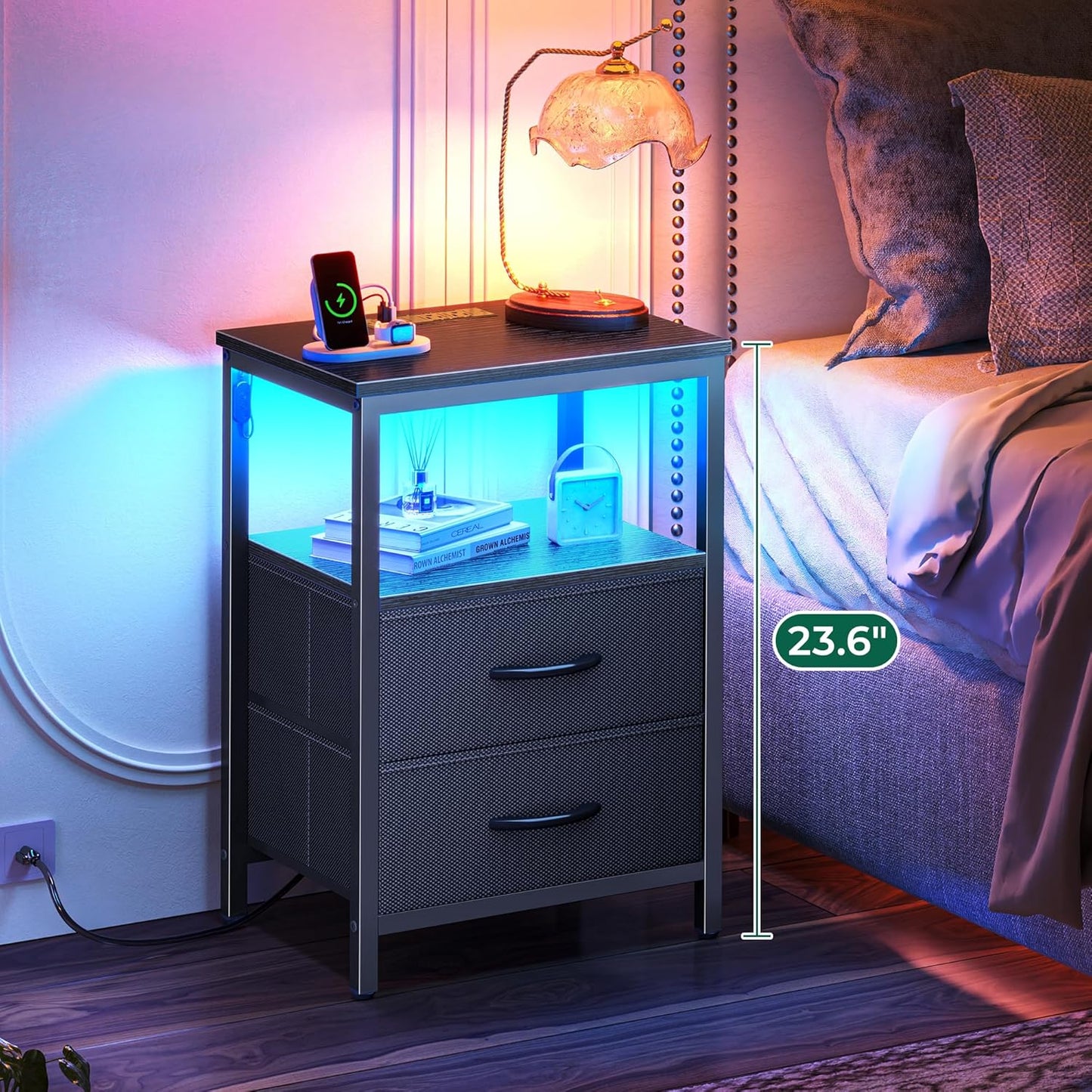Night Stand with Charger Station and LED Lights, 2 Drawer Nightstand, Bed Side Table with Open Shelf, End Table, Fabric Dresser for Bedroom, Black