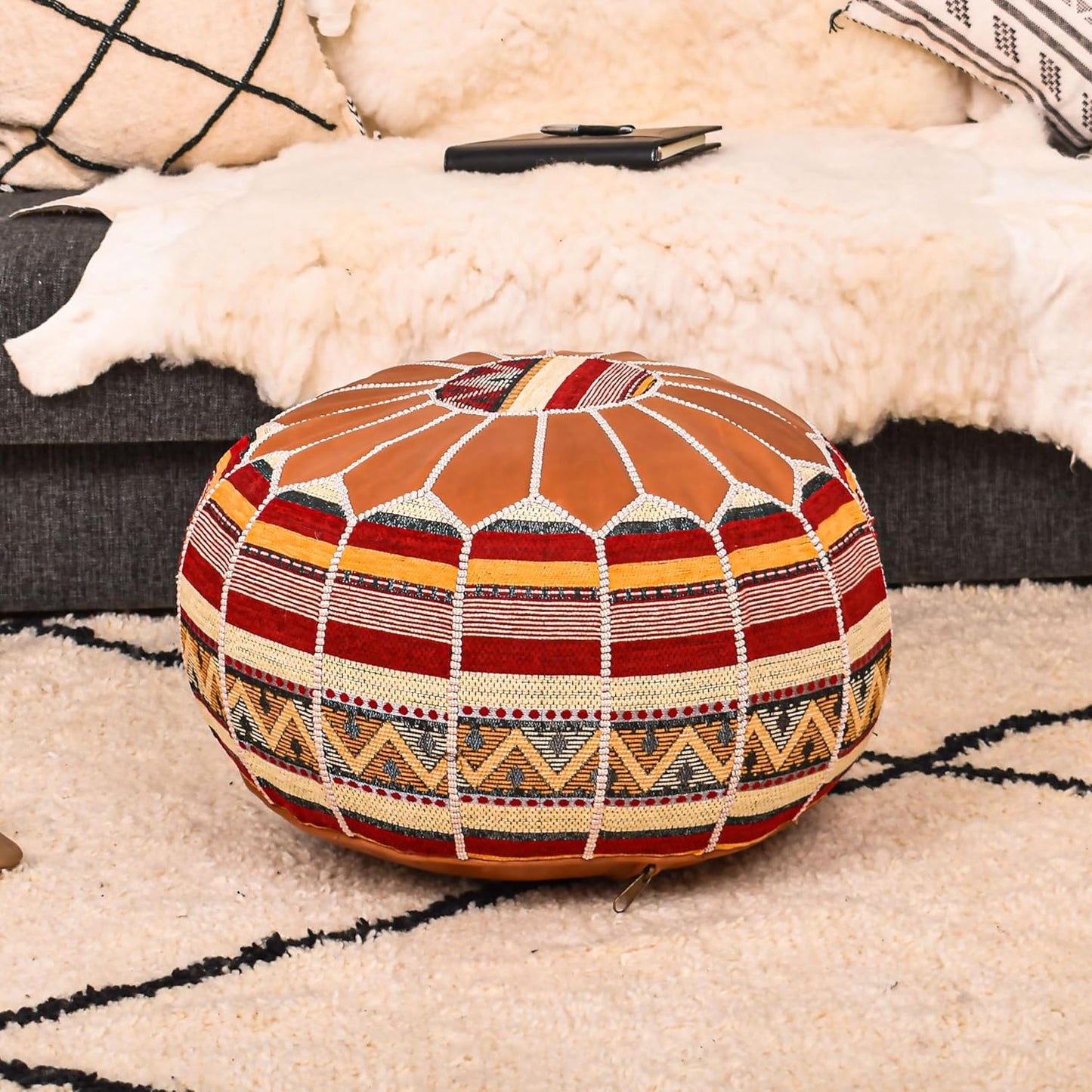 Bohemian Unstuffed Moroccan Pouf Ottoman, round Ottoman Foot Rest, Handmade Bean Bag with Large Storage - Cover Floor Chair for Living Room, Bedroom - Ideal as Wedding Gifts