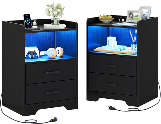 Night Stand Set of 2 with LED Lights and Charging Station, Modern Bedside End Table with 2 Fabric Storage Drawers, Black Nightstands for Bedroom