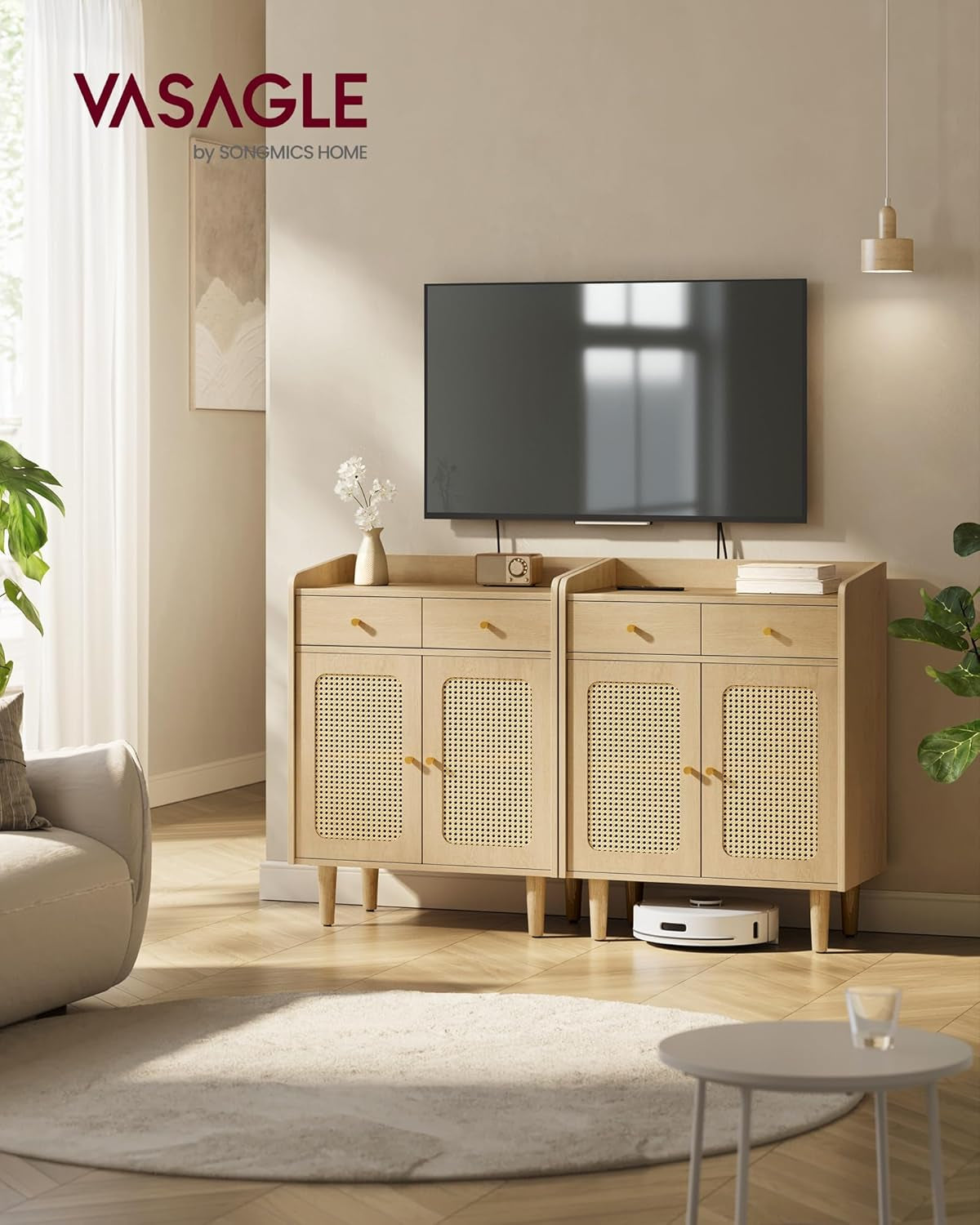 BOHOVEN Collection - Buffet Cabinet, Sideboard Storage Cabinet with Rattan-Like Doors and Drawers, Accent Cabinet, Adjustable Shelf, Boho Style, for Living Room, Oak Beige