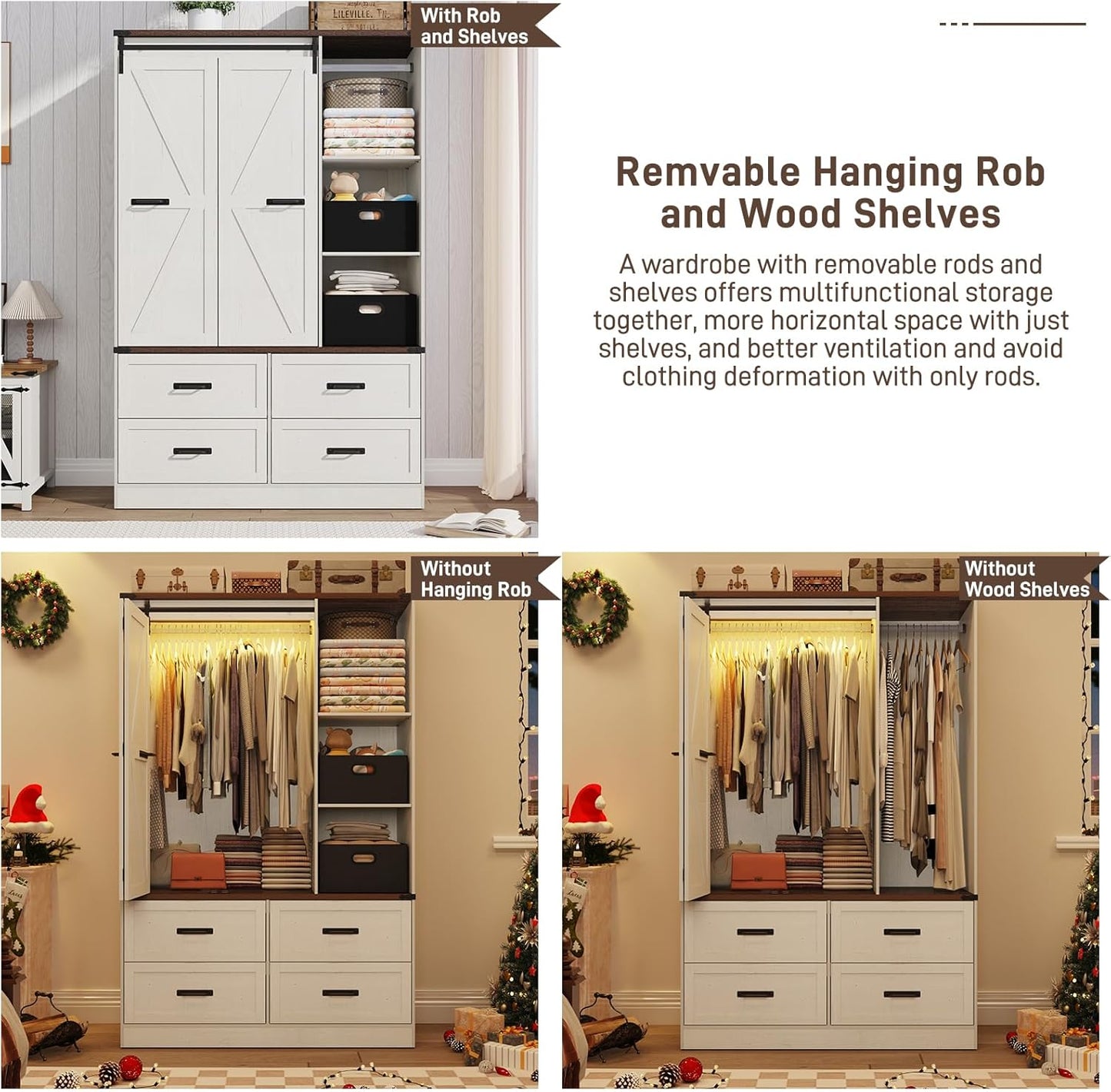 Farmhouse 3 Doors Armoire Wardrobe Closet W/Folding Sliding Barn Door and Lights, LED Armoire Closet W/Drawers for Bedroom, Freestanding Wooden Wardrobe Storage Closets W/Hanging Rod,Antique White