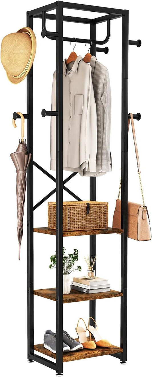 Coat Rack with Shelves, Freestanding Hall Tree with 3 Shelves and 8 Hooks, Industrial Clothes Stand for Entryway, Hallway, Bedroom, Rustic Brown UTMJ088H