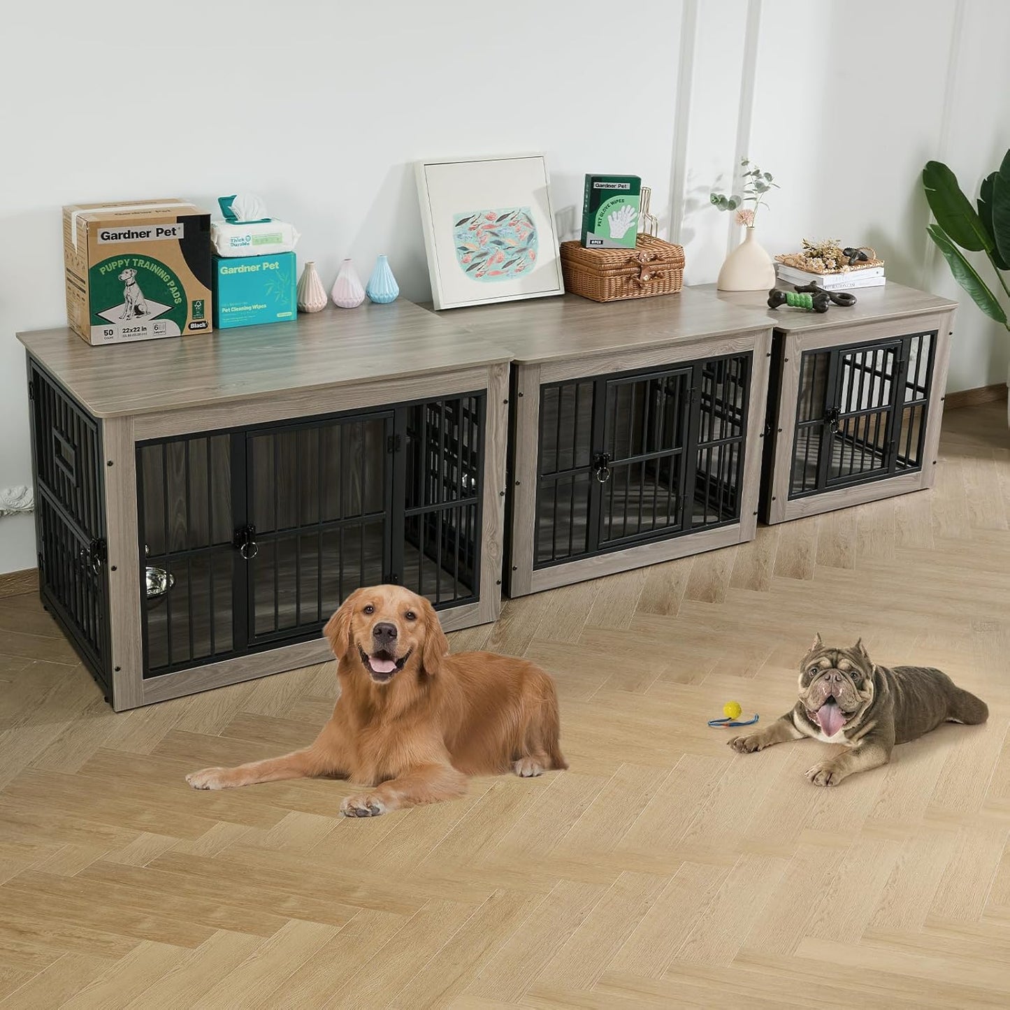 Dog Crate Furniture for Medium Dogs, 32.7 Inch Dog Kennel Indoor, Wooden Dog Cage End Table with 2 Removable Bowls, Heavy Duty Dog Crate, Rustic Grey