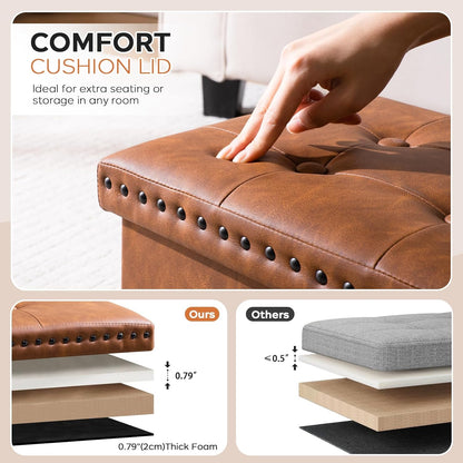 Storage Ottoman Cube 16In, Small Faux Leather Tuffed Foot Rest Stool with Rivet Design, Foldable Ottomans Footstool, Box Chest for Bedroom, Entryway, 16X12X12Inches Grey, Load 242 Lb, Grey