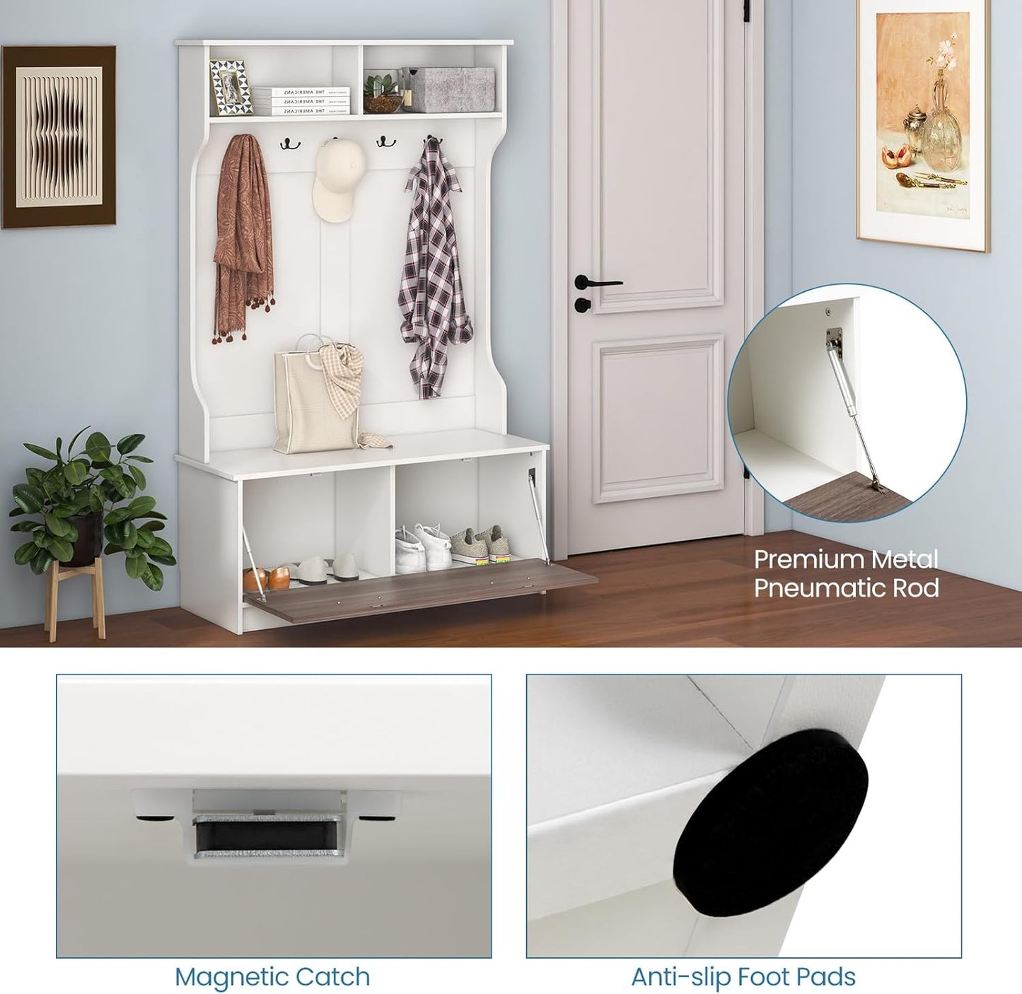 Hall Tree with Coat Rack and Storage Bench, Multifunctional Coat Rack with Entryway Bench, 5 Double Hooks, Freestanding Home Organizer for Entryway, Bedroom (White)