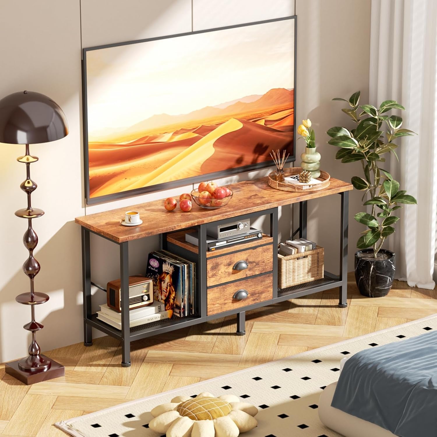 TV Stand with 2 Fabric Drawers, 43 Inch Entertainment Center with Open Storage Shelves, Media Console Table for Bedroom, Living Room, Rustic Brown