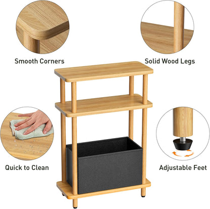 Narrow Side Table with Fabric Basket, 7" Wide, 3 Tier Skinny End Table with Wood Legs, Slim Nightstand/Bedside Table for Small Spaces, with Adjustable Feet, 15.7" L X 23" H