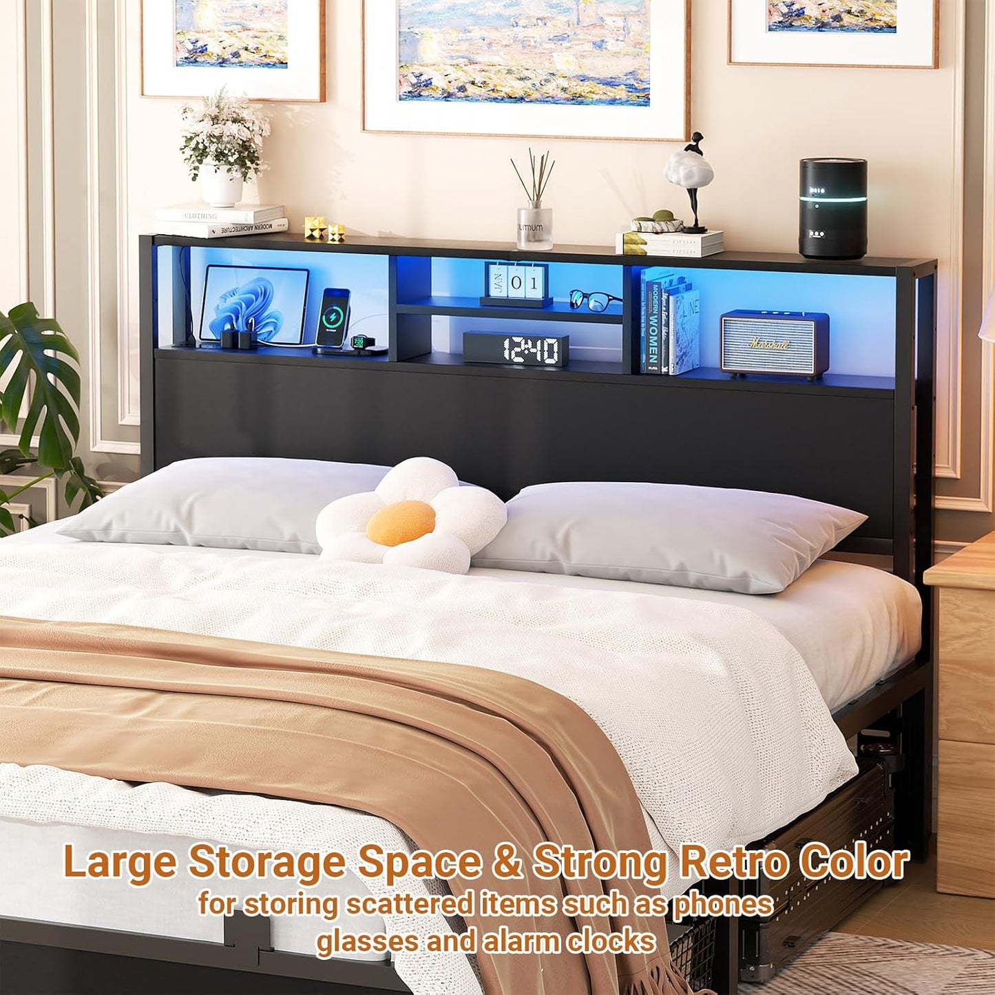 Headboard for Queen Size Bed with Storage, Headboards with Outlets, USB Ports and LED Light, Queen Size Head Board Only, Height Adjustable, Reversible, Sturdy and Stable Headboard, Black