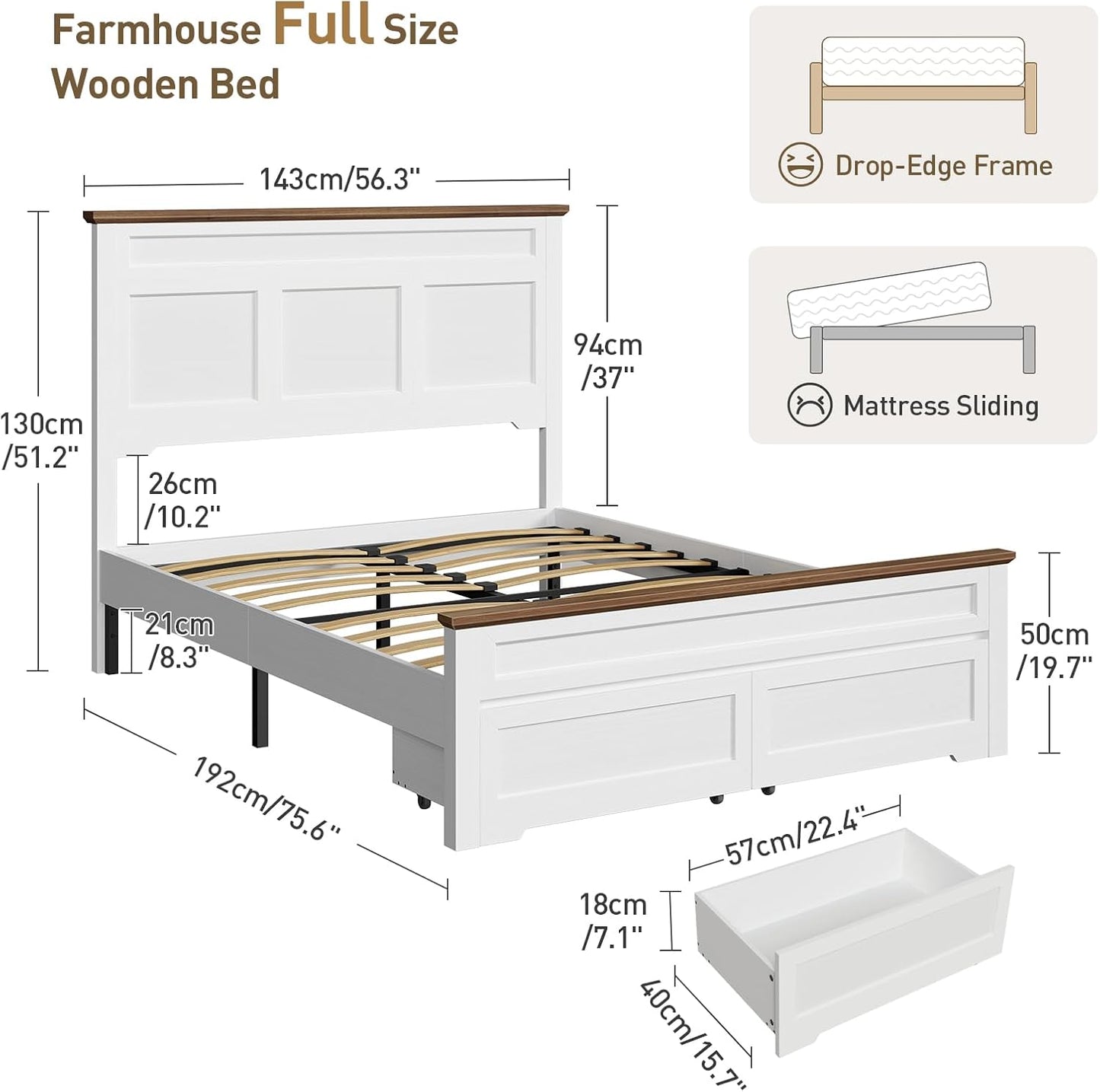 Farmhouse Full Size Bed Frame with 51.2" Tall Headboard & Footboard, Wooden Platform Bed Frame with Large Storage Drawers, No Squeak, No Box Spring Needed, White and Walnut