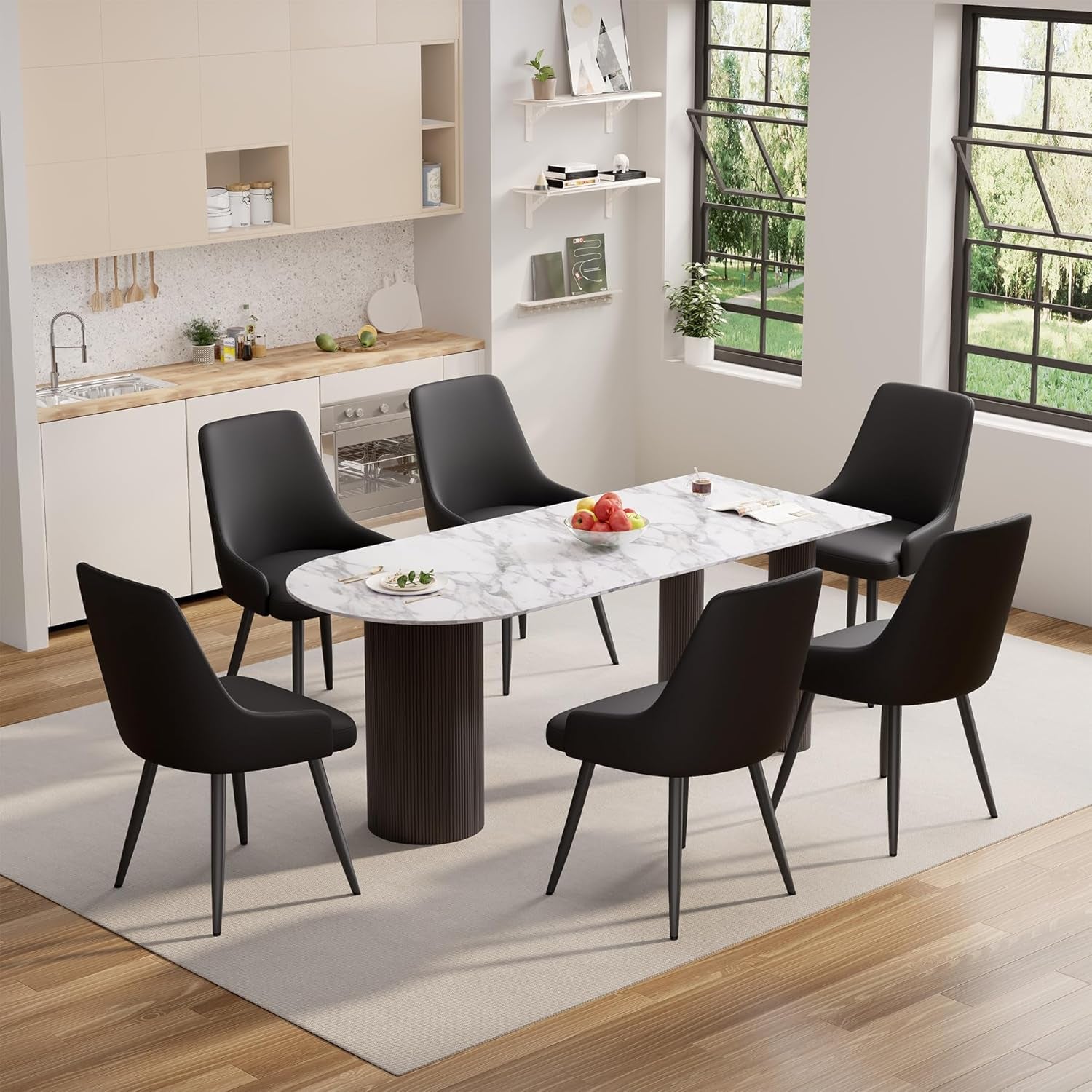 Modern Dining Chairs Set of 6, Spacious Comfortable Dining Room Chairs, Faux Leather Upholstered Dining Chairs with Thick Cushion for Dining Room, Black