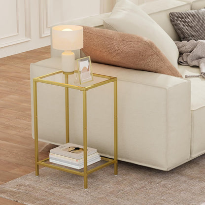 Side Tables Set of 2, End Tables with Tempered Glass, 2-Tier Nightstands with Storage Shelves, Coffee Table with Modern Style, Slim Sofa Table for Living Room, Bedroom, 11.8" D X 15" W, Golden