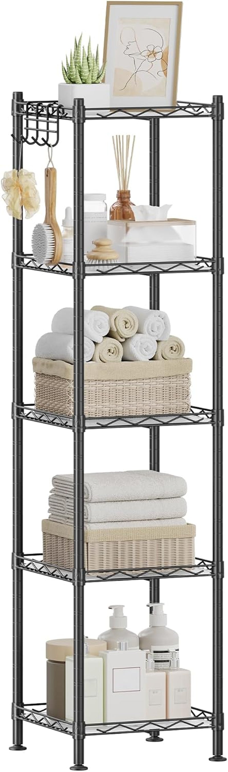 5-Tier Bathroom Shelf, Storage Rack for Small Space, with 5 PP Shelf Liners, Removable Hook, Extendable Design, Ink Black and Translucent ULGR23BK