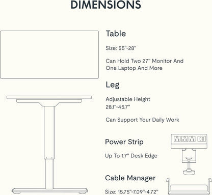 EN2 Whole-Piece Standing Desk with Clamp Power Strip, 55 X 28 Electric Stand up Height Adjustable Desk with Cable Management (White Frame + 55" Marble Grey Top, 2 Packages)