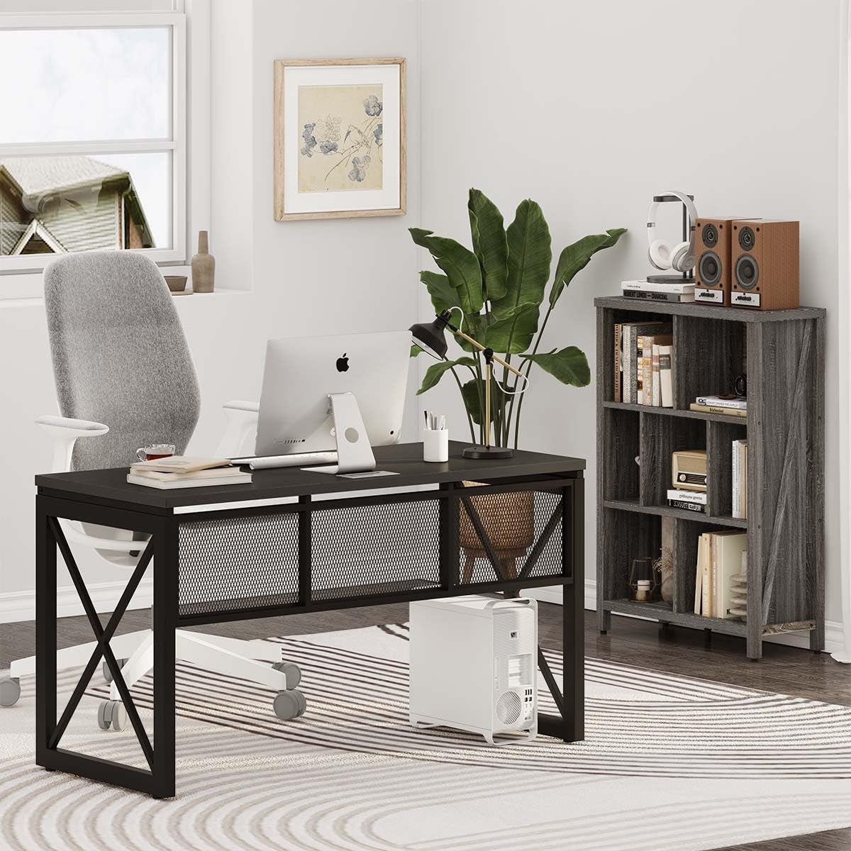 Black Computer Desk, Modern Gaming Desk, Industrial Wood Office Desks, Sturdy Writing Desks for Home Office, Living Room, Study Workstation, Bedroom (Black, 54 Inch)