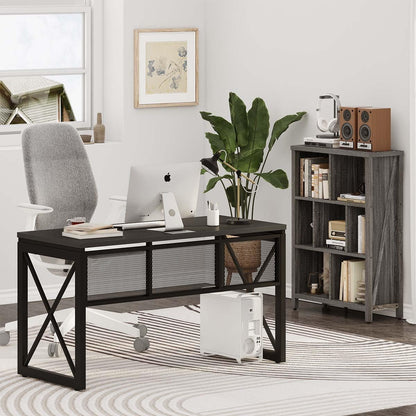 Black Computer Desk, Modern Gaming Desk, Industrial Wood Office Desks, Sturdy Writing Desks for Home Office, Living Room, Study Workstation, Bedroom (Black, 54 Inch)