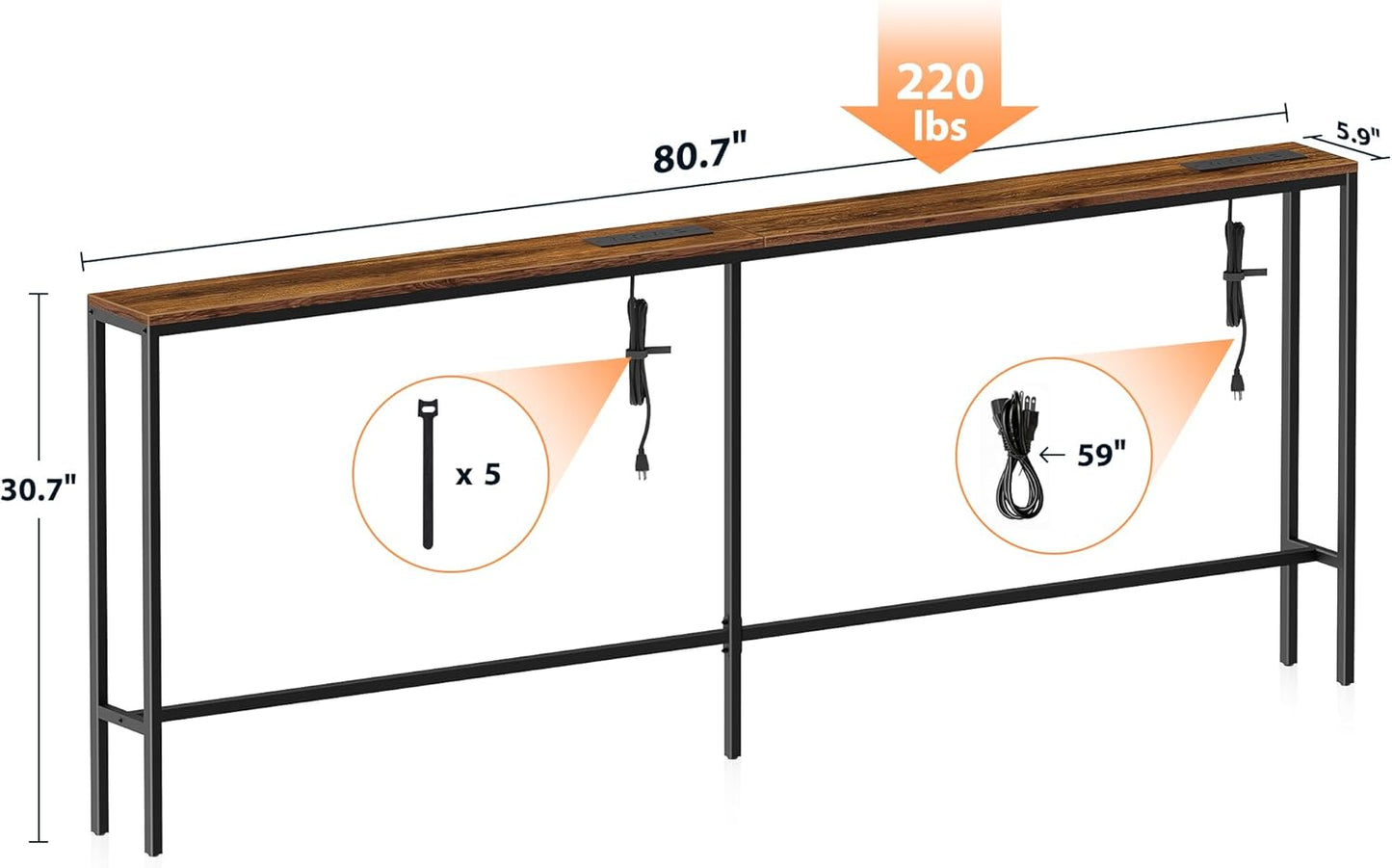 80.7'' Narrow Sofa Table with 2 Power Outlets (6 AC Outlets & 4 USB Ports), Thin Console Tables Narrow Long, behind Couch Table Skinny for Entryway, Living Room, Hallway, Foyer, Rustic Brown