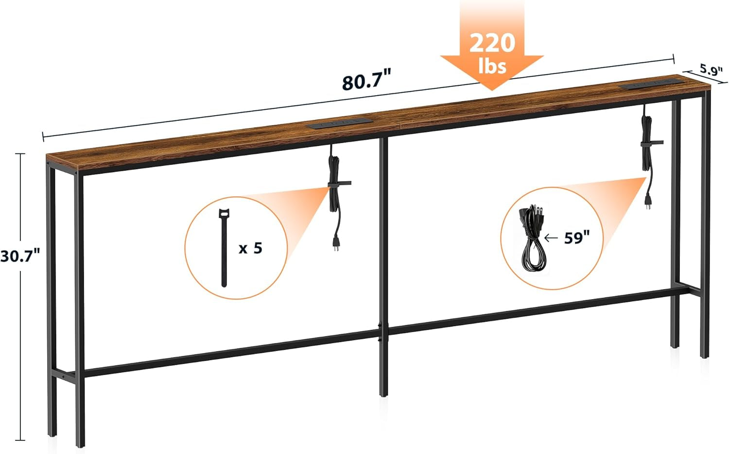 80.7'' Narrow Sofa Table with 2 Power Outlets (6 AC Outlets & 4 USB Ports), Thin Console Tables Narrow Long, behind Couch Table Skinny for Entryway, Living Room, Hallway, Foyer, Rustic Brown