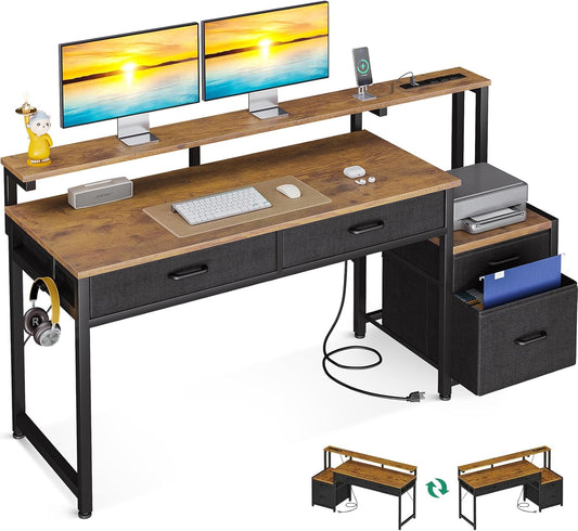 Computer Desk with 4 Drawers, 55 Inch Office Desk with Printer Shelf & Built-In Power Outlet, Work Desk with Monitor Shelf for Home Small Spaces, Rustic Brown