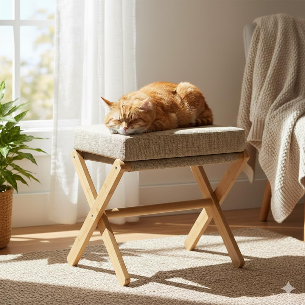 Foldable Foot Stool Ottoman, Modern Foot Rest with Bamboo X Legs & Thick Foam Cushion, Folding Foot Stools Small Padded for Bedroom Living Room, Footstool for Chair Couch (Natural - Brown)