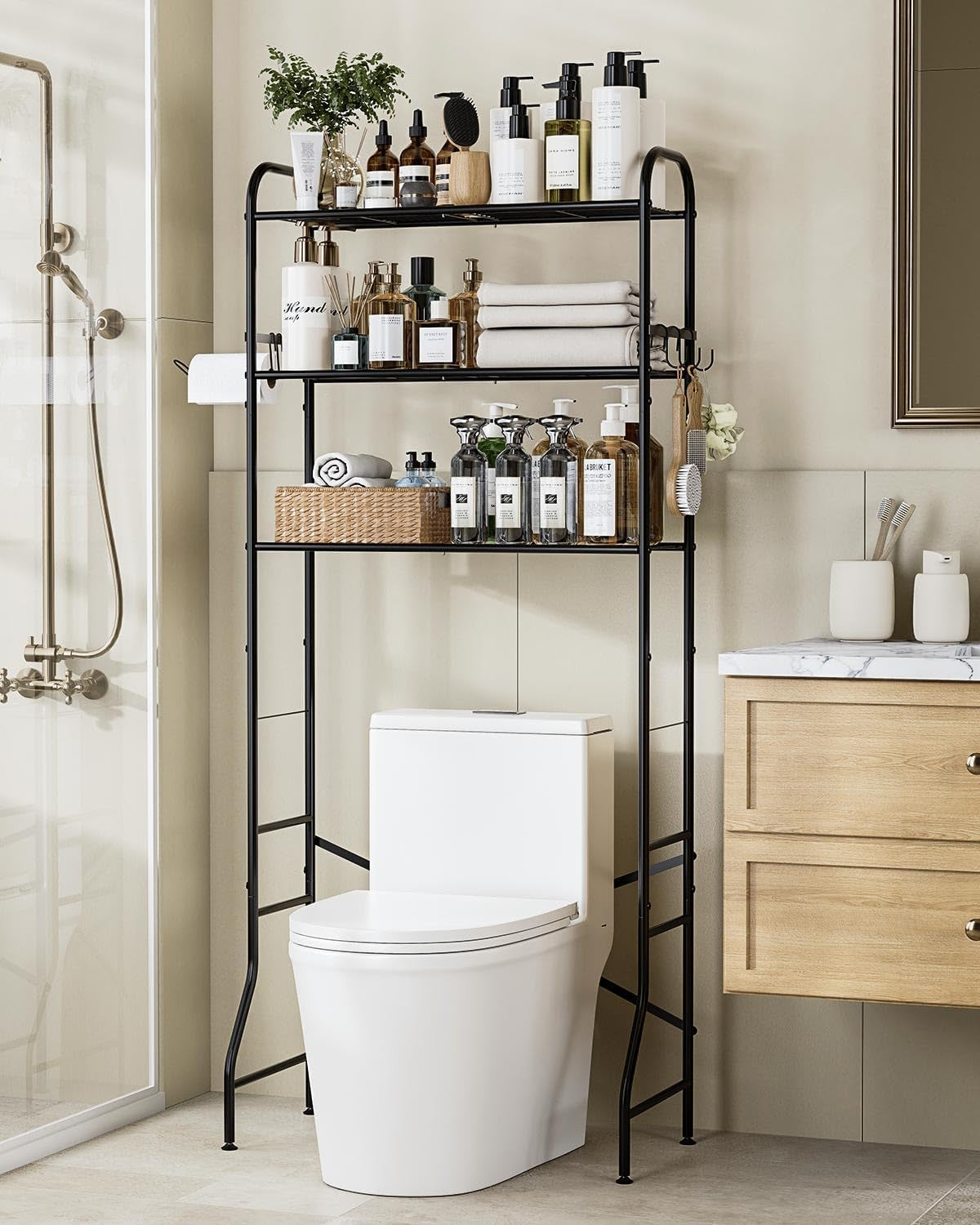 Over the Toilet Storage Rack, 3-Tier Metal Bathroom Organizer with Hooks, over the Toilet Storage Cabinet, Space Saver Shelf for Bathroom, Black, 23.6" X 13.0" X 63.4"