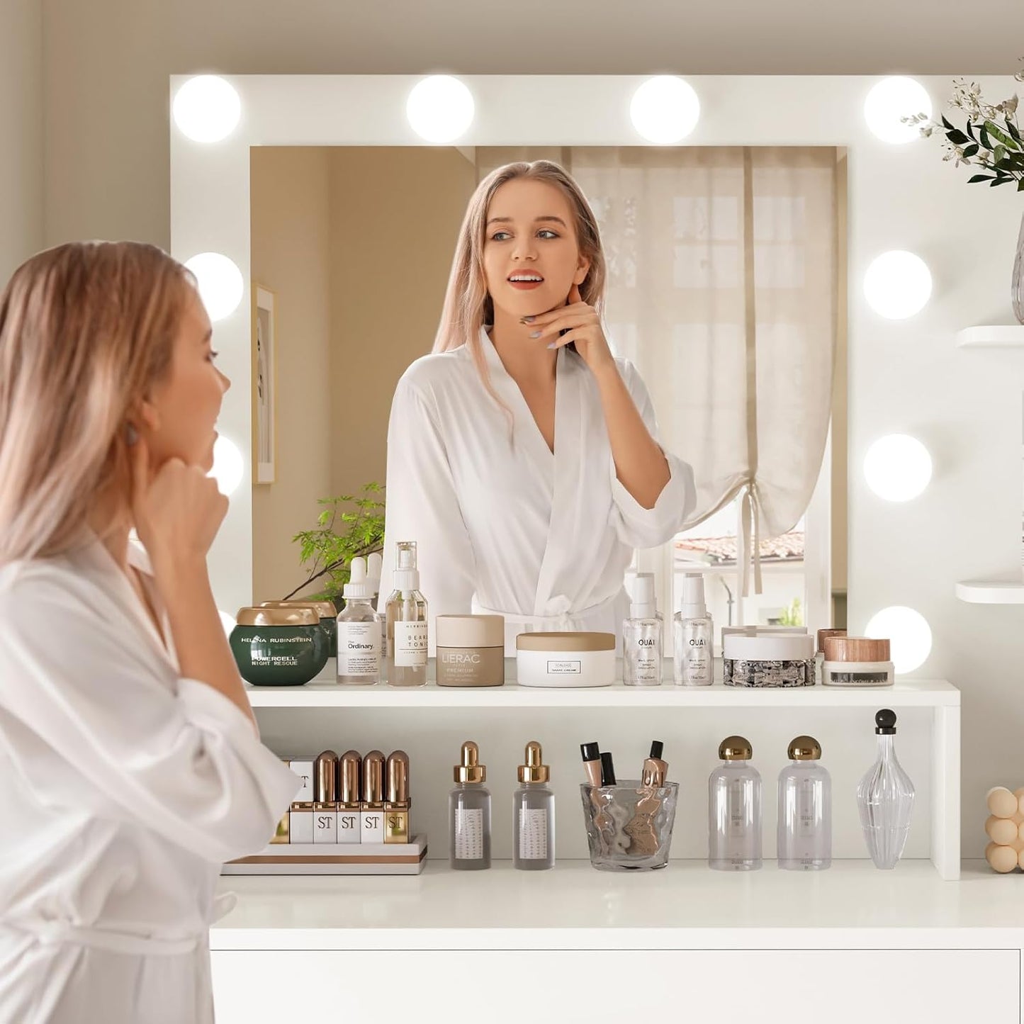 Vanity Desk with Mirror and Lights, Makeup Vanity with 5 Drawers and 3 Storage Shelves, 3 Color Modes & Adjustable Brightness Dressing Table, Vanity Desk for Bedroom, White