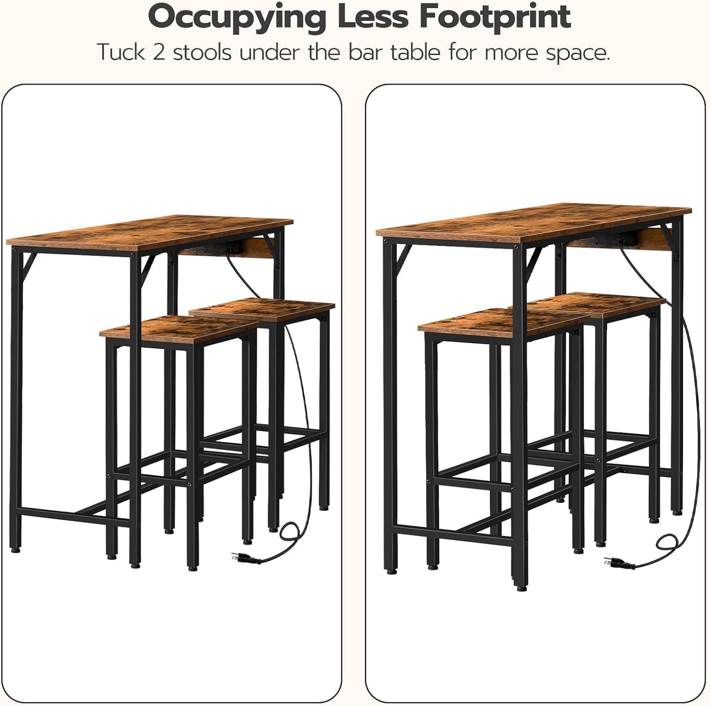 Bar Table and Chairs Set, 39.4" Dining Table Set with Power Outlet, 3-Piece Pub Table Set, Kitchen Bar Height Table with Stools of 2, Space Saving for Living Room, Rustic Brown BF45UBT01