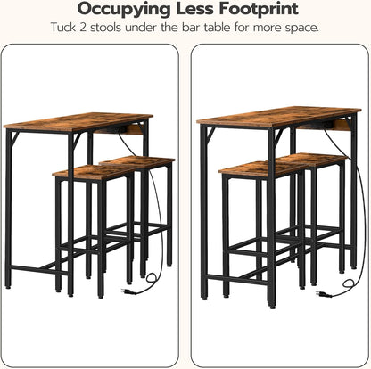 Bar Table and Chairs Set, 47.2" Dining Table Set with Power Outlet, 3-Piece Pub Table Set, Kitchen Bar Height Table with Stools of 2, Space Saving for Living Room, Rustic Brown BF46UBT01