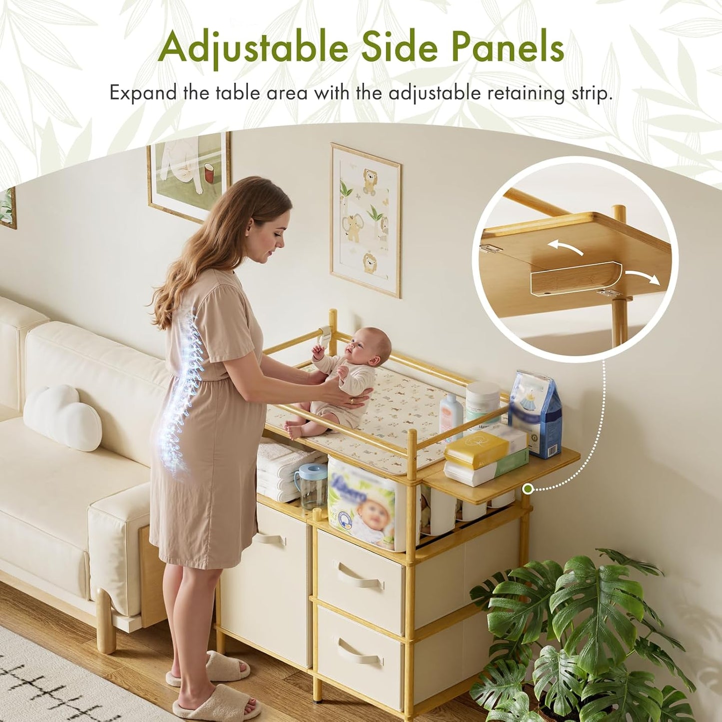 Baby Changing Table, Bamboo Diaper Changing Station with 3 Removable Storage Drawers, Baby Dresser Table with Flat Top, Large Storage Nursery Organizer Shelves with Pad, Mesh Pocket