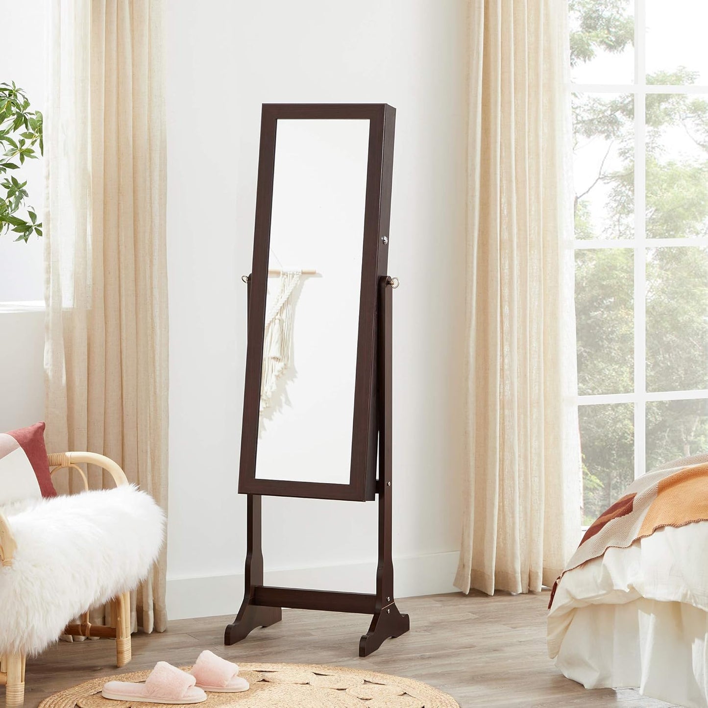 Jewelry Cabinet with 6 LED Lights, Lockable Mirrored Jewelry Armoire Organizer, 2 Drawers, Brown UJJC94K