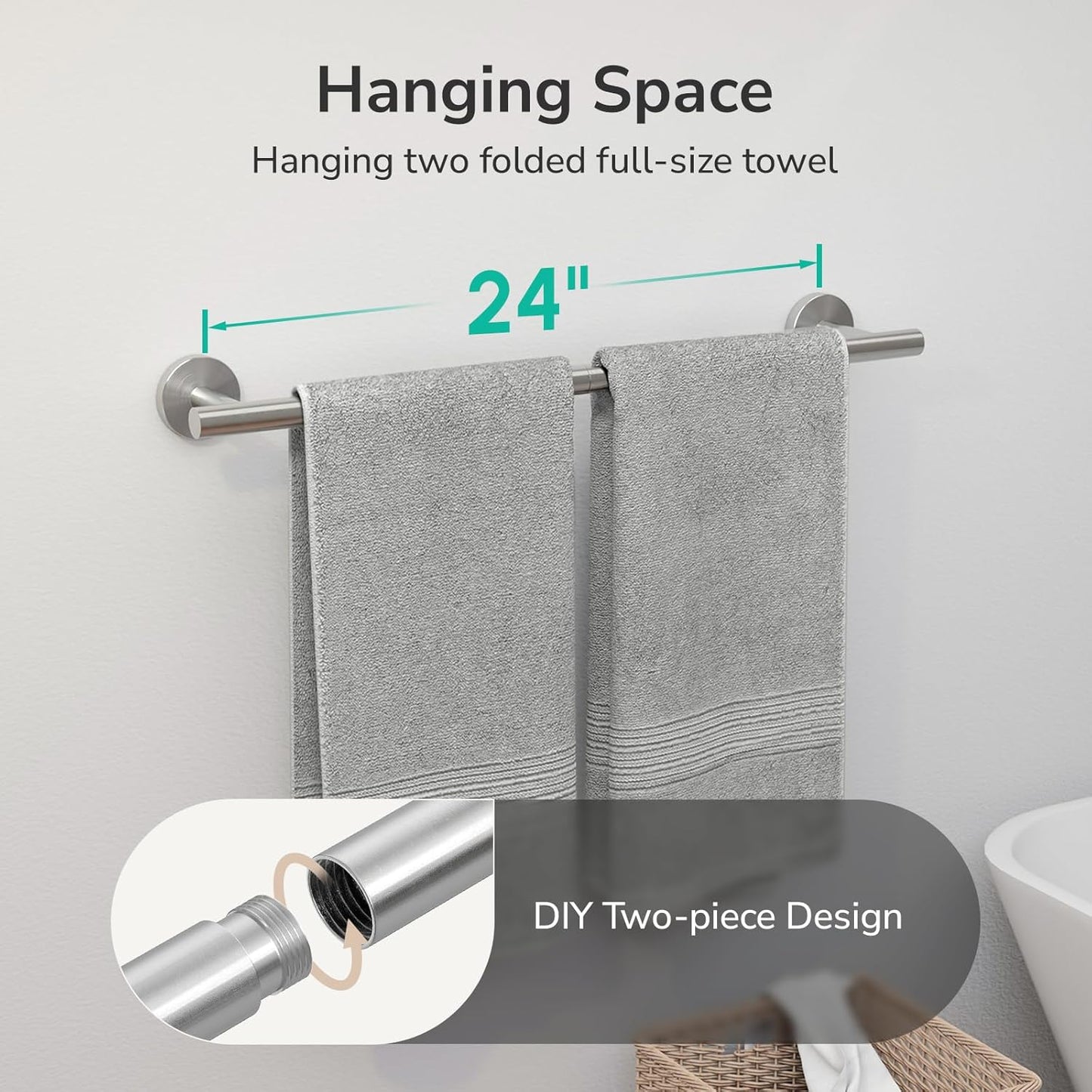 Brushed Nickel Towel Bar, 24-Inch Towel Rack for Bathroom Wall Mounted, Thicken SUS304 Stainless Steel Towel Rod Modern Home Decor (Total Length 26-Inch)