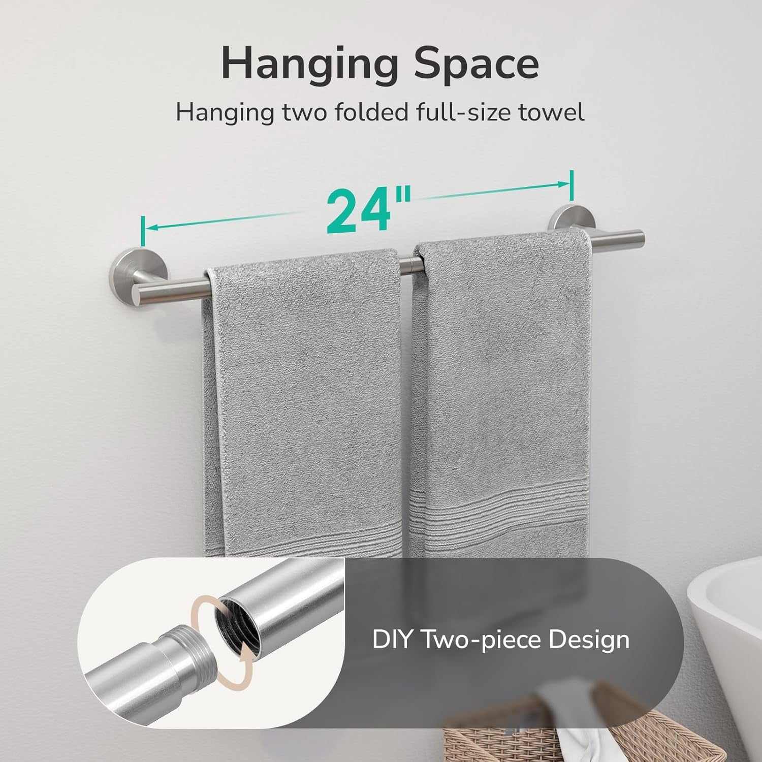 Brushed Nickel Towel Bar, 24-Inch Towel Rack for Bathroom Wall Mounted, Thicken SUS304 Stainless Steel Towel Rod Modern Home Decor (Total Length 26-Inch)