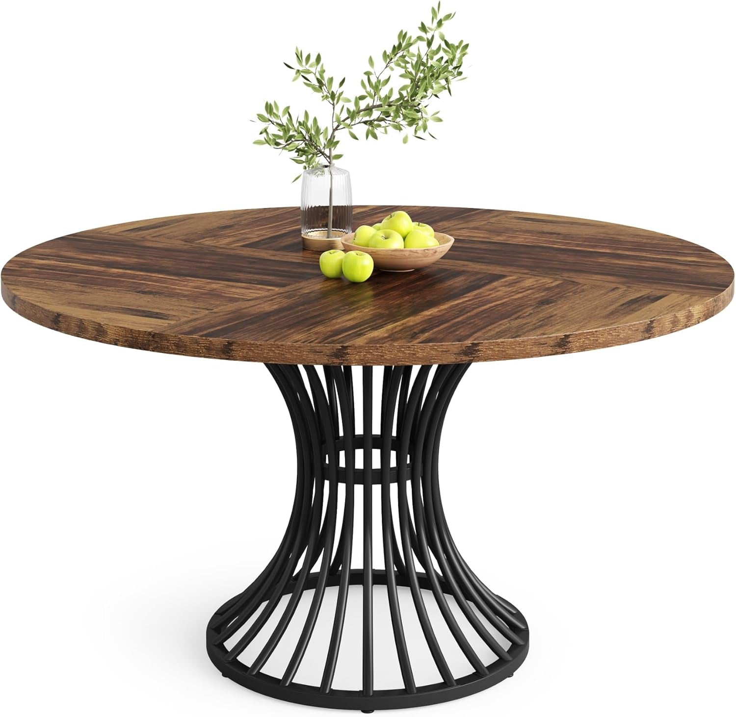 round Dining Table for 4-6 People, 47-Inch Farmhouse Dinning Room Circle Kitchen Table, Industrial Dinner Table with Metal Base for Kitchen, Living Room, Black and Brown