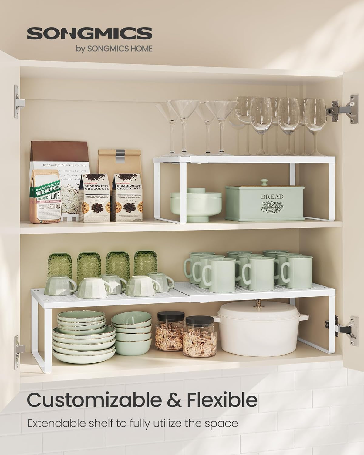 Spice Racks, Set of 2 Expandable Kitchen Countertop Shelves, Small Cupboard Organizers, Metal, Space-Saving Tabletop Shelves, Matte White UKCS402W01