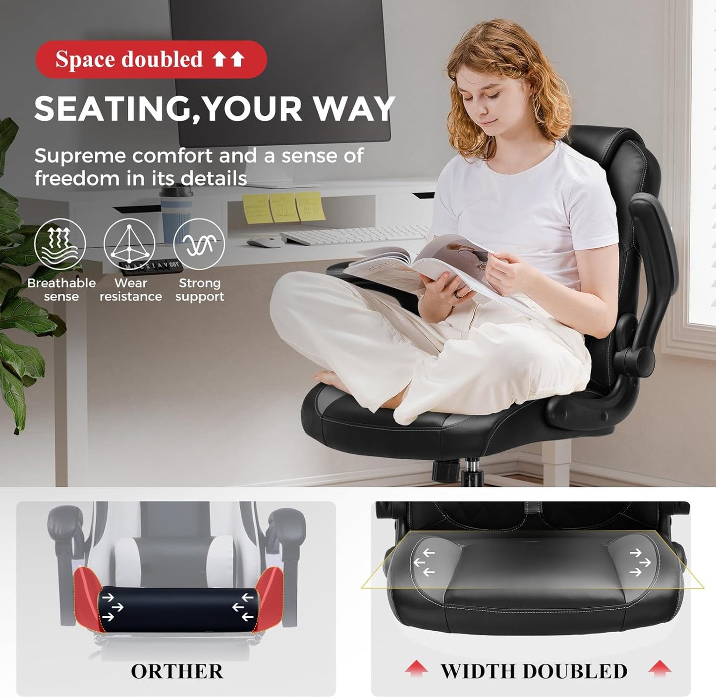 Office Computer Gaming Chair Ergonomic Desk Chair for Adults with Lumbar Support Flip-Up Arms Adjustable Height Swivel Wheels PU Leather Executive Design for Short People Use, Gray
