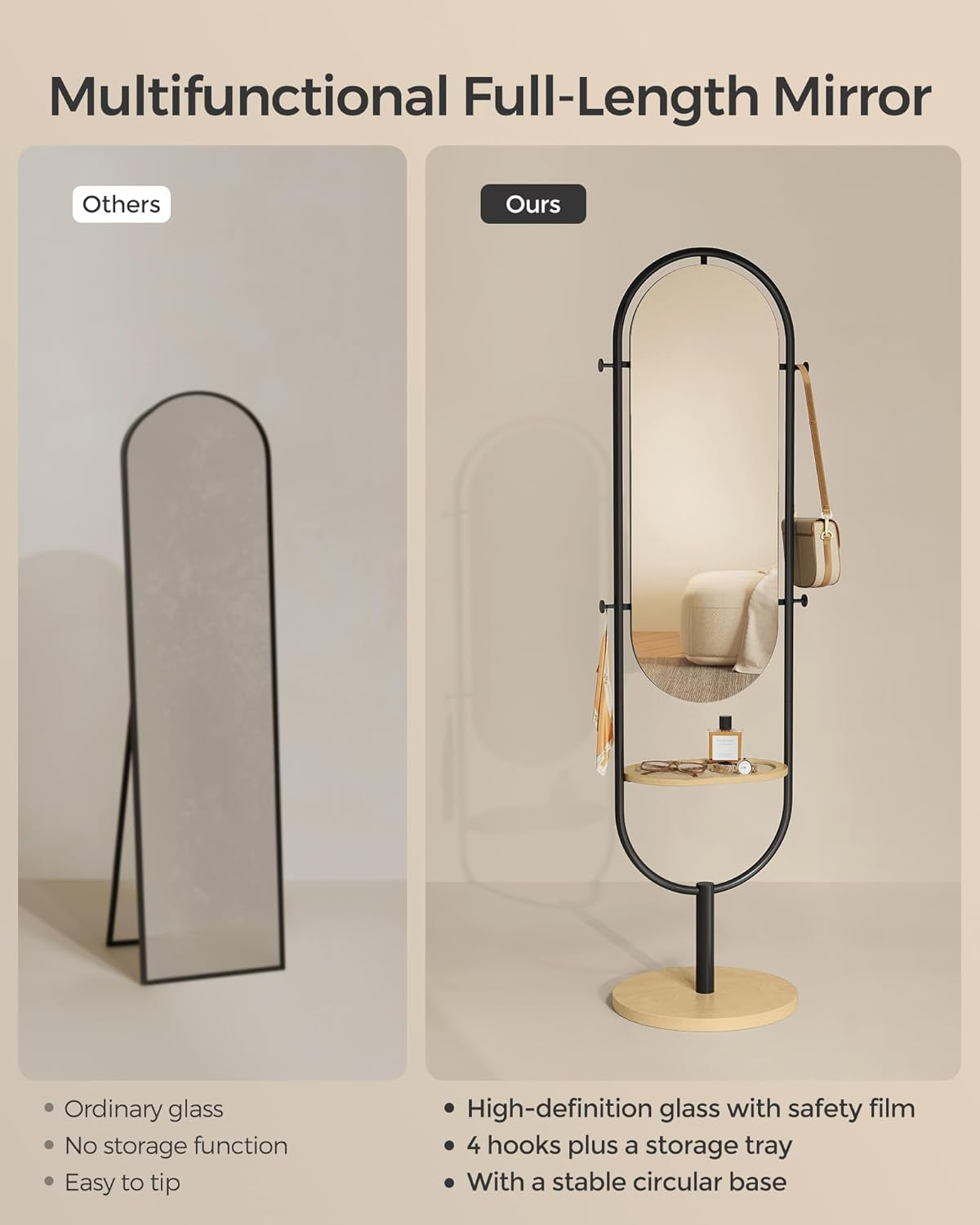 Full-Length Floor Mirror, 3-In-1, Modern Standing Full Body Mirror, Inspired by Original Award-Winning Design, 16.5 X 18.9 X 68.9 Inches, Living Room, Bedroom, Oak Beige and Ink Black