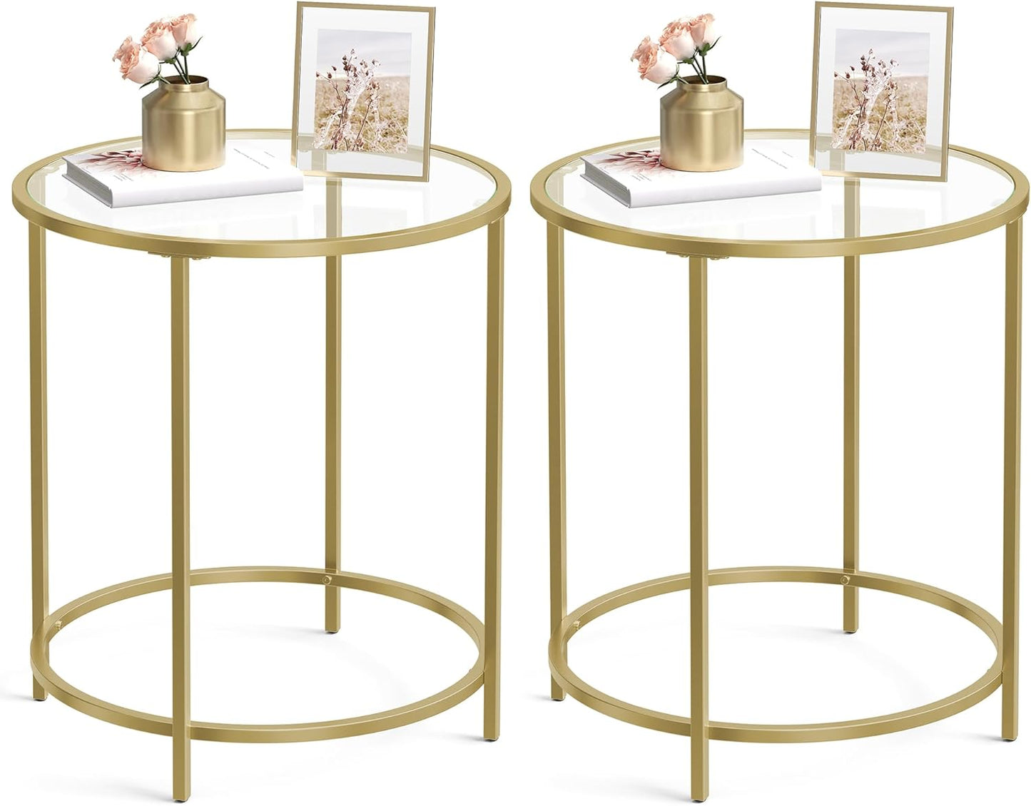 round Side Tables, Set of 2, Glass End Tables with Metal Frame, Gold Coffee Tables with Modern Style, for Living Room, Balcony, Bedroom, Gold Color