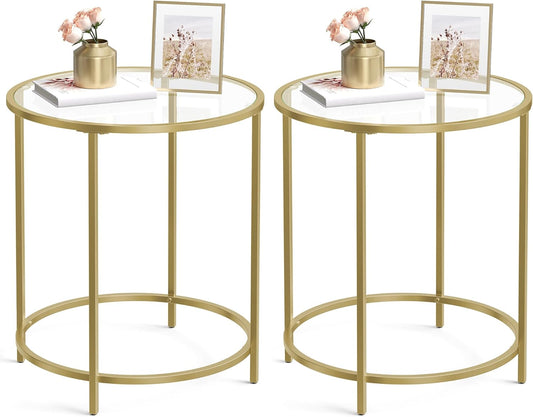 round Side Tables, Set of 2, Glass End Tables with Metal Frame, Gold Coffee Tables with Modern Style, for Living Room, Balcony, Bedroom, Gold Color