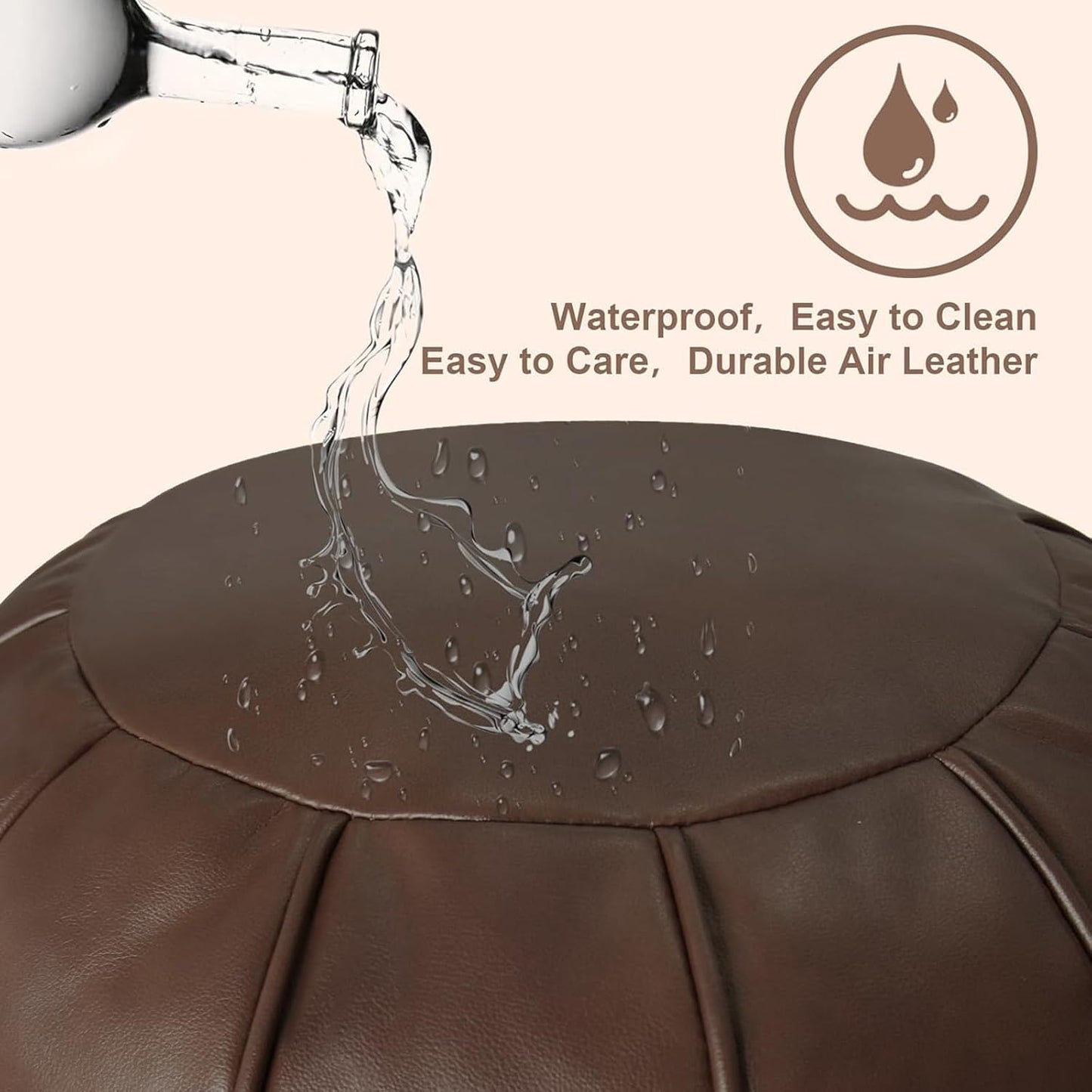 Brown Waterproof Faux Leather Unstuffed Pouf Ottoman, Handmade Moroccan Pouf Cover 21"X13", round Floor Cushion Floor Chair Footstool for Living Room, Bedroom and Wedding (Only Cover)