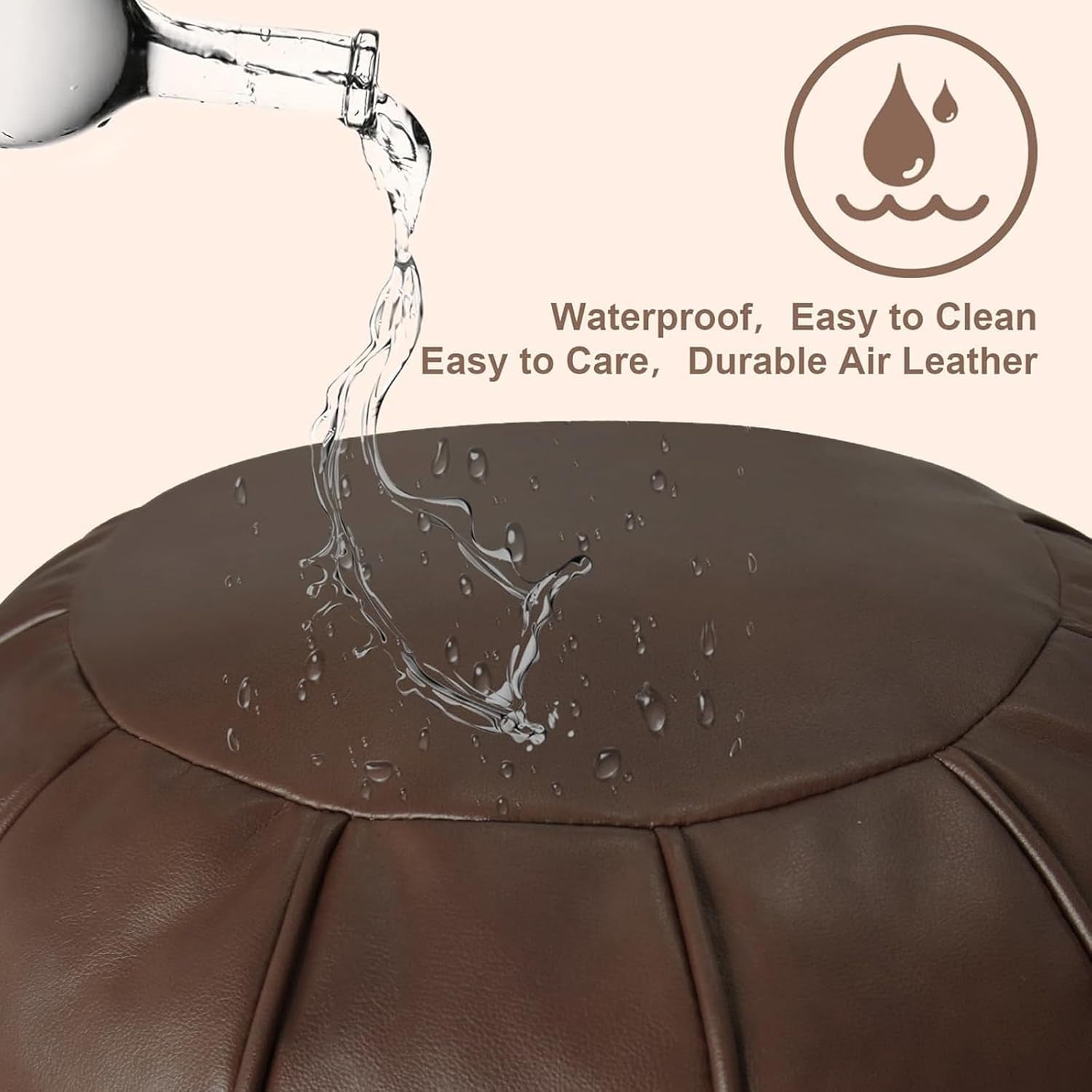 Brown Waterproof Faux Leather Unstuffed Pouf Ottoman, Handmade Moroccan Pouf Cover 21"X13", round Floor Cushion Floor Chair Footstool for Living Room, Bedroom and Wedding (Only Cover)