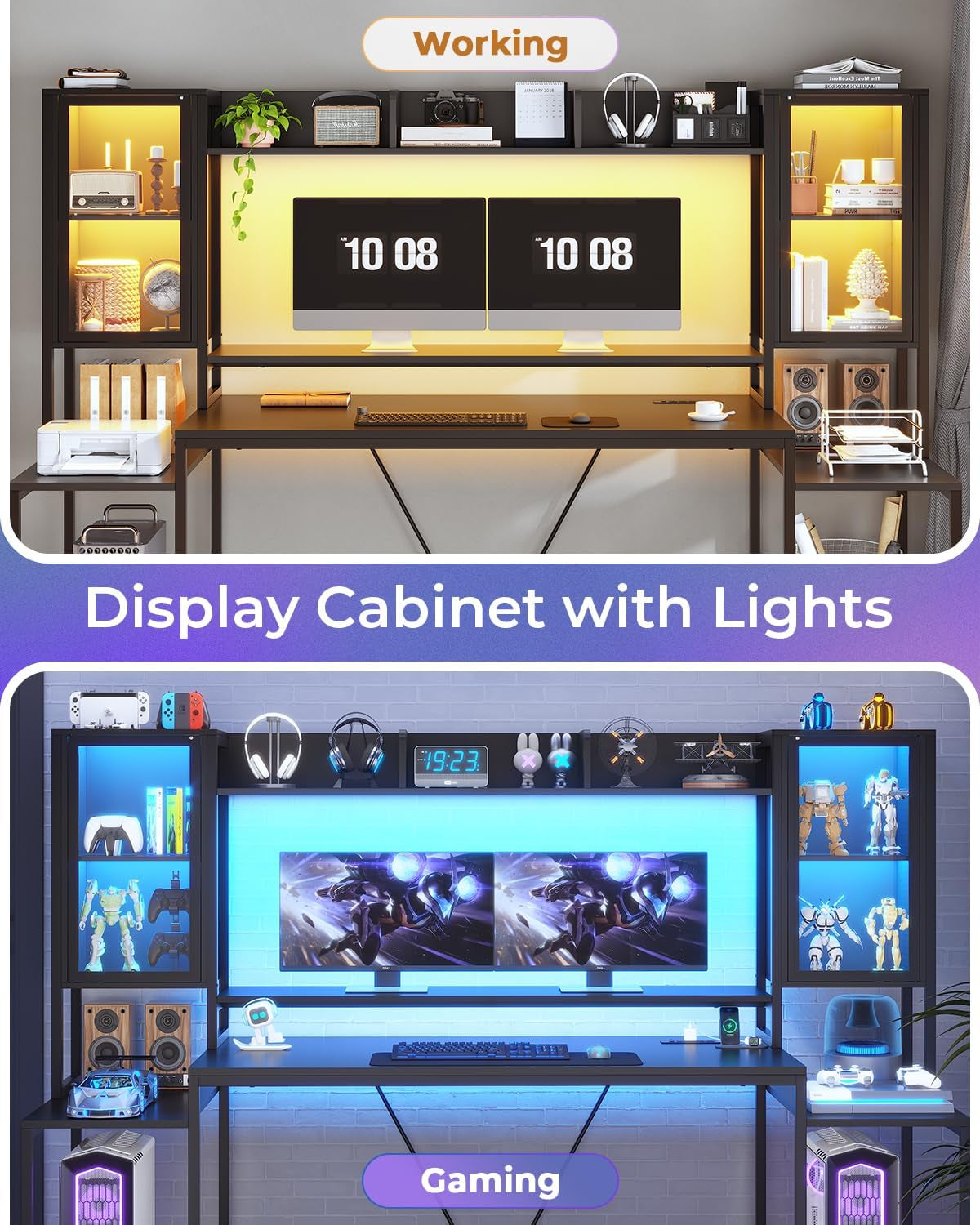 Gaming Desk 74.8'' with LED Lights, Hutch and Storage Shelves, Computer Desk with Monitor Stand, Large PC Gamer Desk Workstation, Ergonomic Gaming Table for Bedroom, Living Room, White