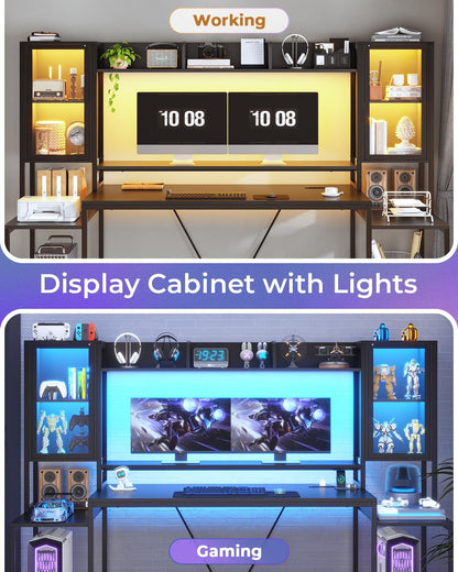 Gaming Desk 74.8'' with LED Lights, Hutch and Storage Shelves, Computer Desk with Monitor Stand, Large PC Gamer Desk Workstation, Ergonomic Gaming Table for Bedroom, Living Room, White