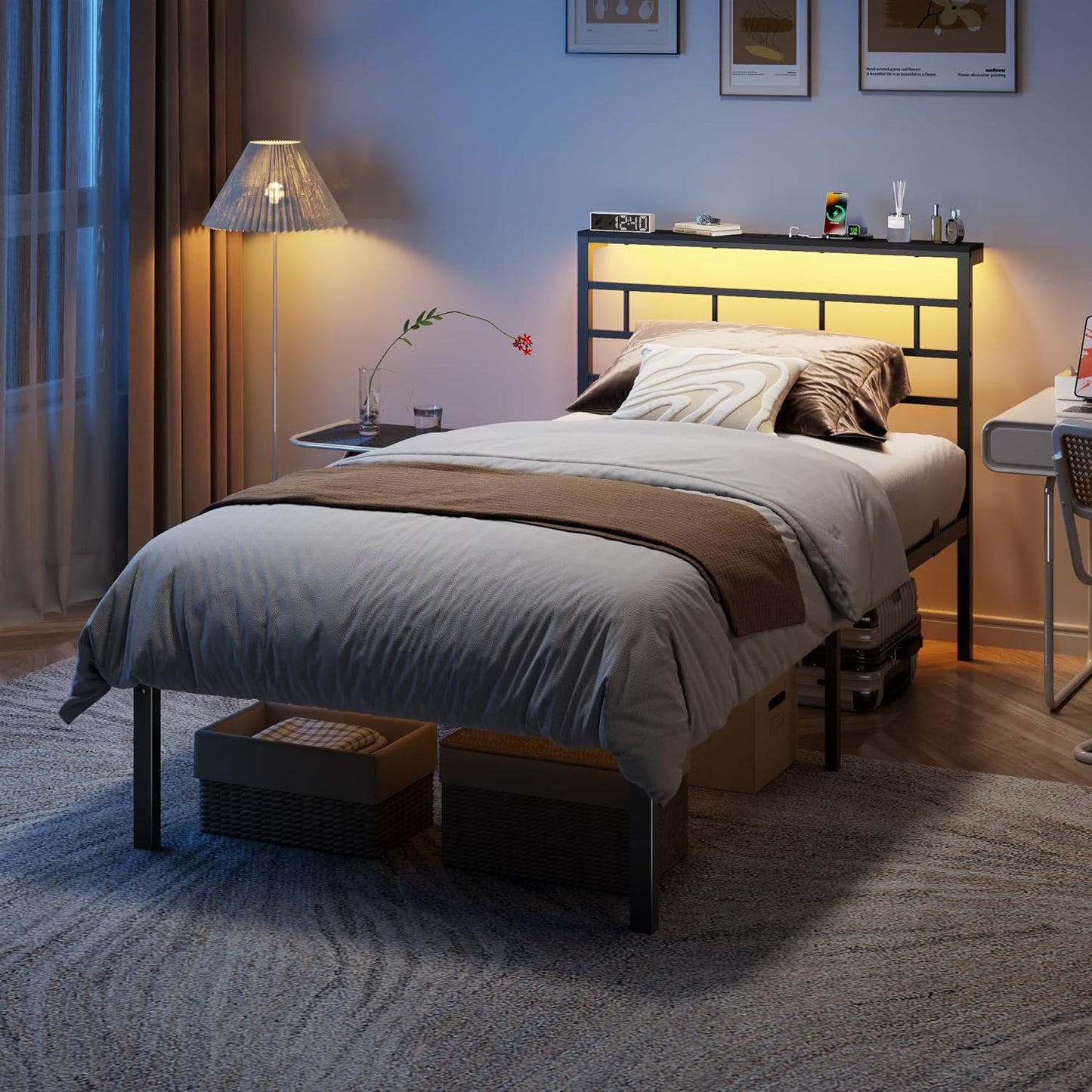 Twin Bed Frames with Built-In Charging Station and LED Light, Metal Platform Bed with Headboard and Storage Shelf, Noise-Free, No Box Spring Needed, Black