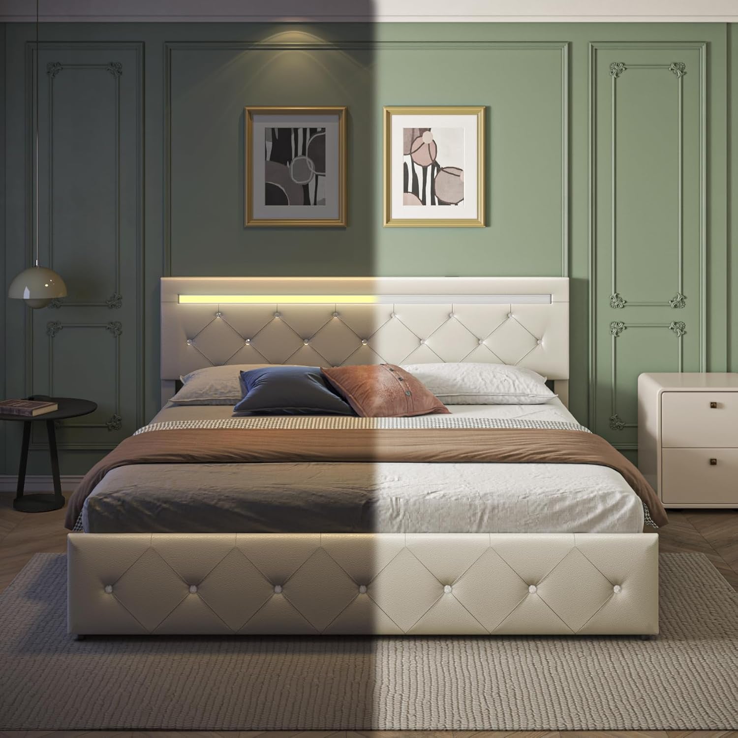 Bed Frame Full Size with LED Light and Storage Drawers, Adjustable Headboard with PU Leather Upholstered, 2 Sockets and 2 USB Ports, No Box Spring Needed,Wooden Slats Support, White.