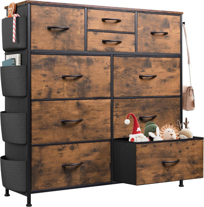 Fabric Dresser for Bedroom with 10 Drawers, Chest of Drawers with Side Pockets and Hooks, Sturdy Metal Frame, Drawers Organizer Unit for Living Room, Hallway, Rustic Brown Wood Grain Print