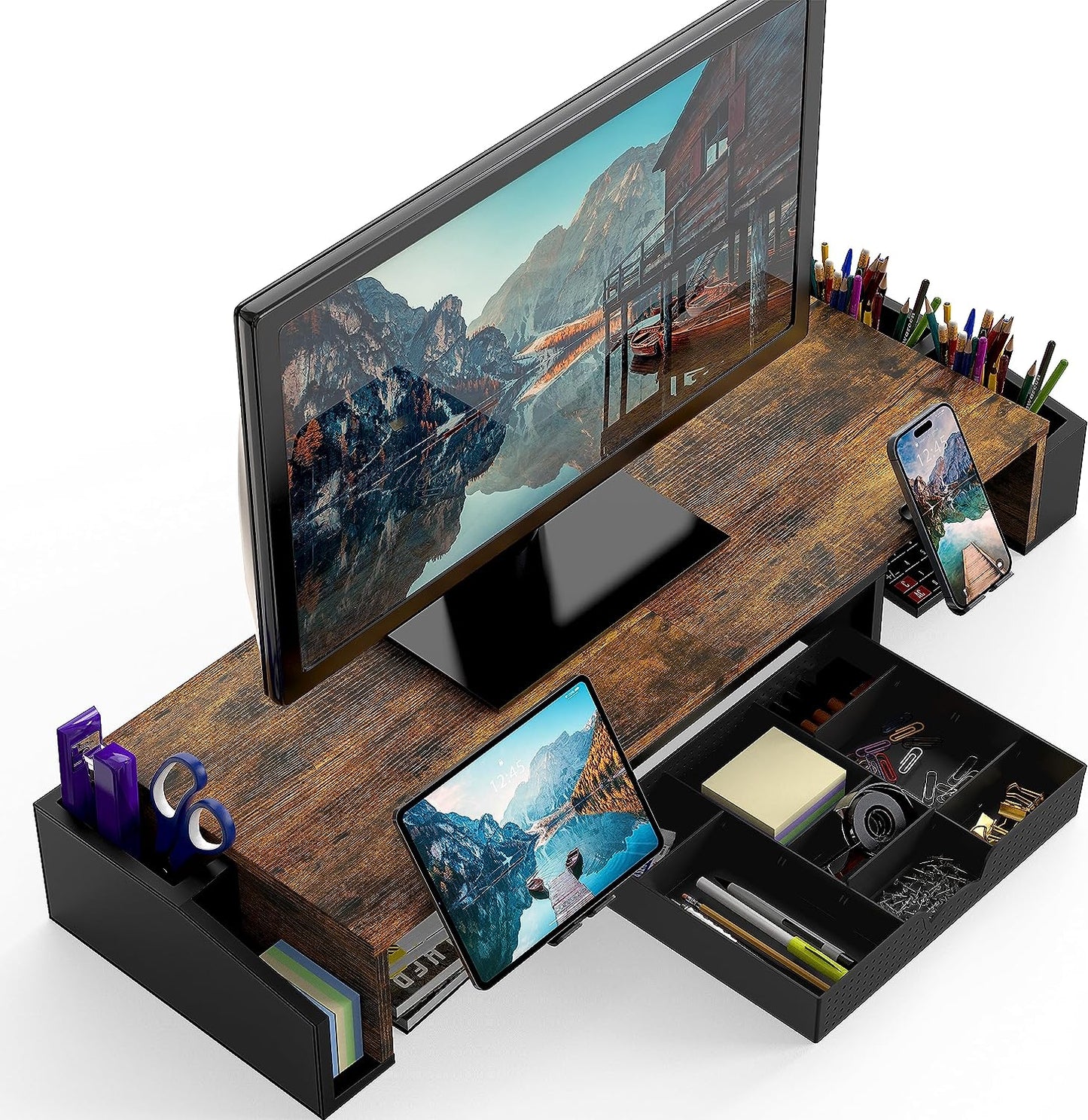 Desk Dual Monitor Stand Riser with Drawer, Rustic Brown