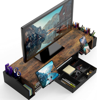 Desk Dual Monitor Stand Riser with Drawer, Rustic Brown