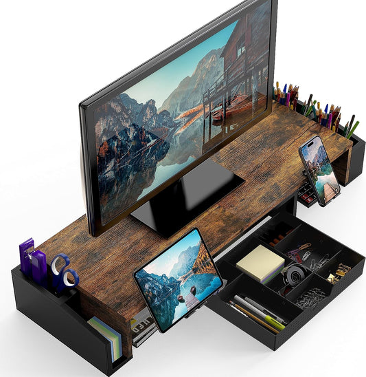 Desk Dual Monitor Stand Riser with Drawer, Rustic Brown