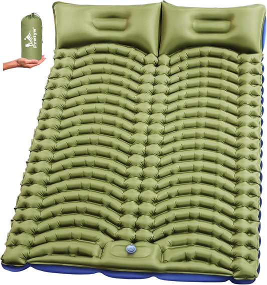Double Sleeping Pad for Camping - Ultralight Camping Mattress with Pillow, Built-In Foot Pump, Compact Inflatable 2-Person Portable Mat for Backpacking, Hiking, Car Traveling, Beach, Tent