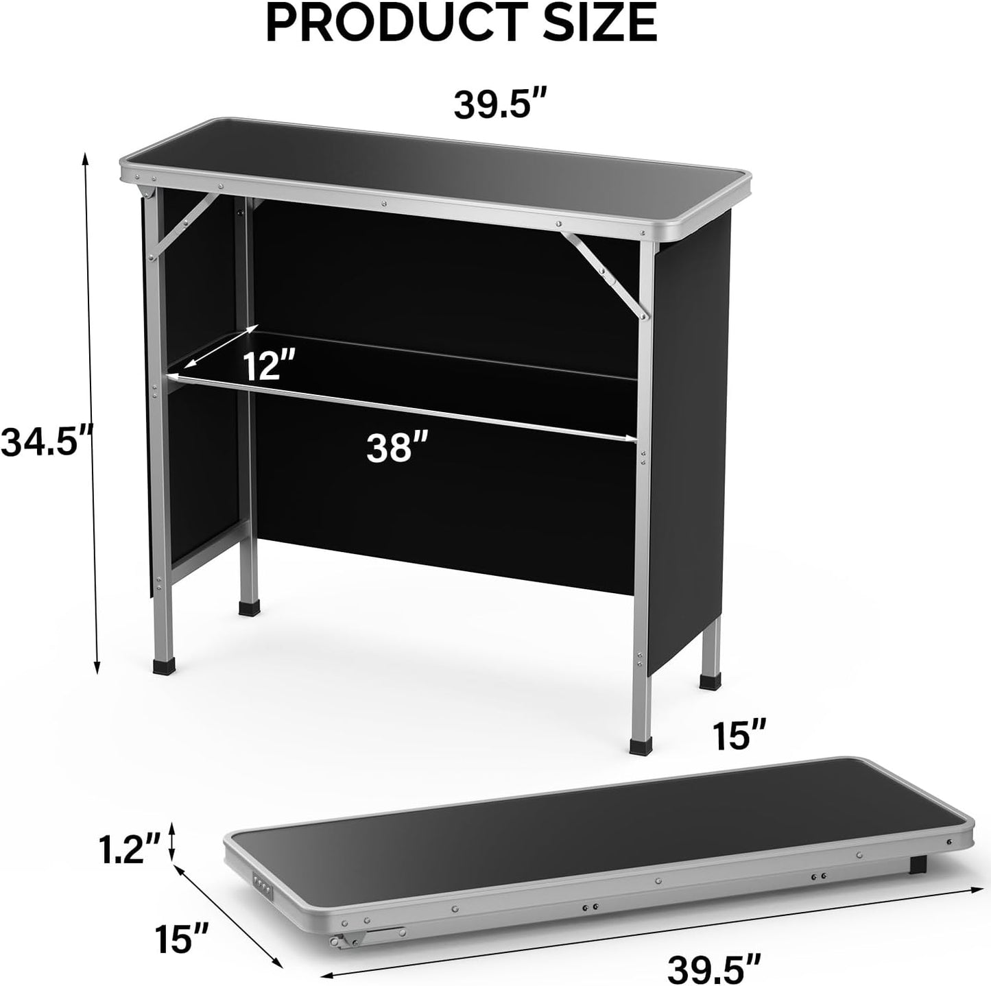 Portable Bar Table, 2-Tier Shelves, Mobile Bar Table for Events, Party, Camping, Picnic, Tradeshow, Indoor with Black Skirt, 39 "L X 34" H